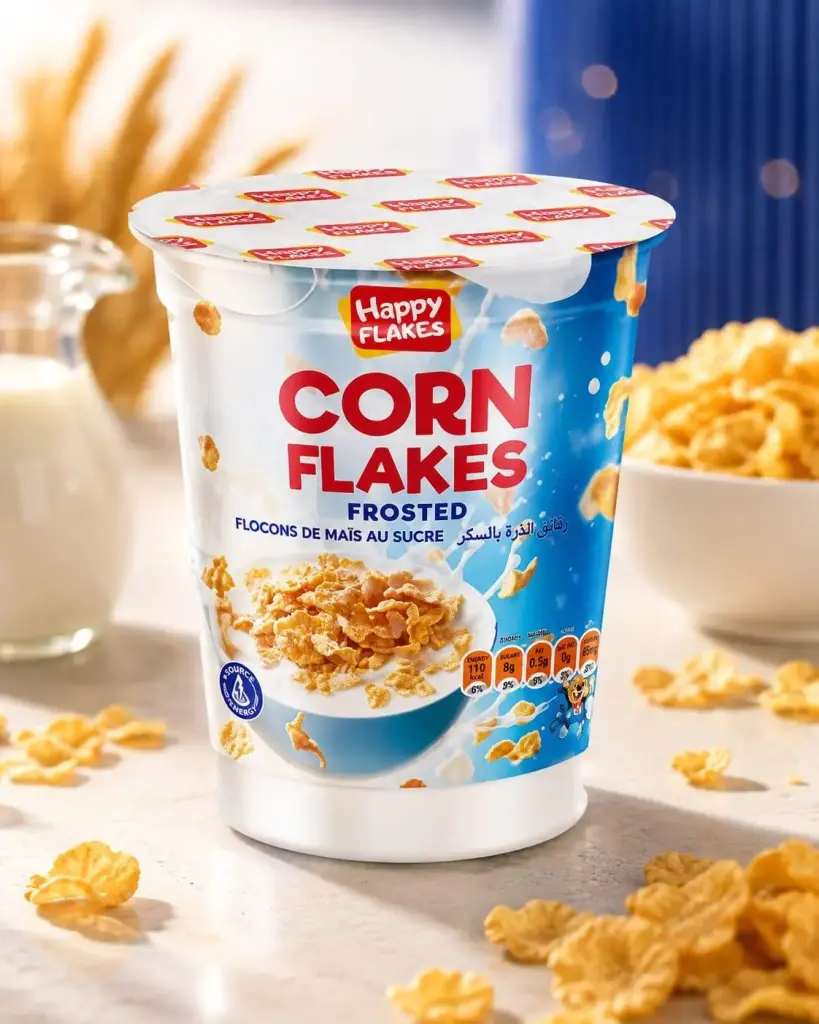 Child with a Happy Flakes Cocoa Flakes cup