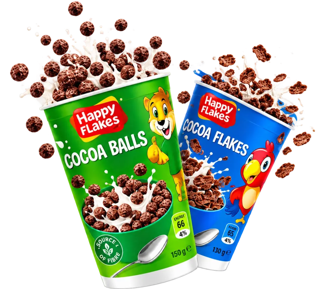Happy Flakes Cocoa Balls and Cocoa Flakes cereal cups