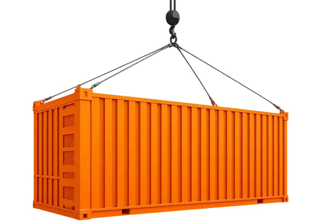 Orange shipping container lifted by a crane